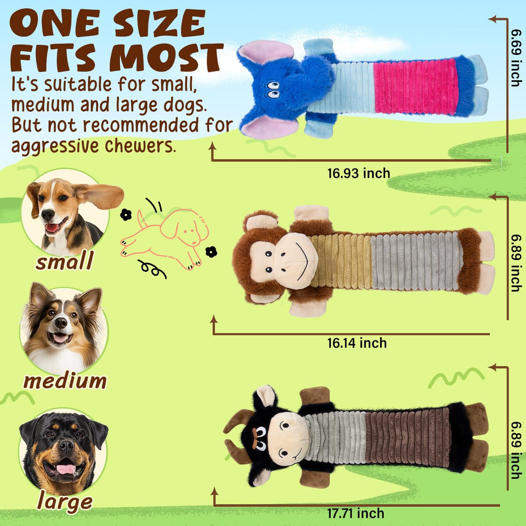 No Stuffing Dog Squeaky 3 Pack Toys, Chew with Crinkle to Large Puppy Durable Plush Pet Teething Toys, Interactive to Keep Pets Busy, Toss, Fetch, Tug of war Play, Best Birthday Holiday Gift