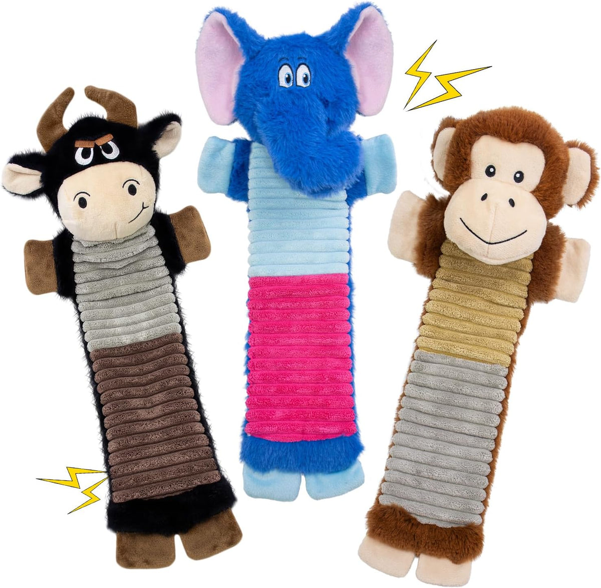 No Stuffing Dog Squeaky 3 Pack Toys, Chew with Crinkle to Large Puppy Durable Plush Pet Teething Toys, Interactive to Keep Pets Busy, Toss, Fetch, Tug of war Play, Best Birthday Holiday Gift