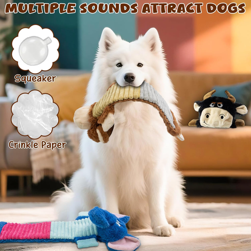 No Stuffing Dog Squeaky 3 Pack Toys, Chew with Crinkle to Large Puppy Durable Plush Pet Teething Toys, Interactive to Keep Pets Busy, Toss, Fetch, Tug of war Play, Best Birthday Holiday Gift