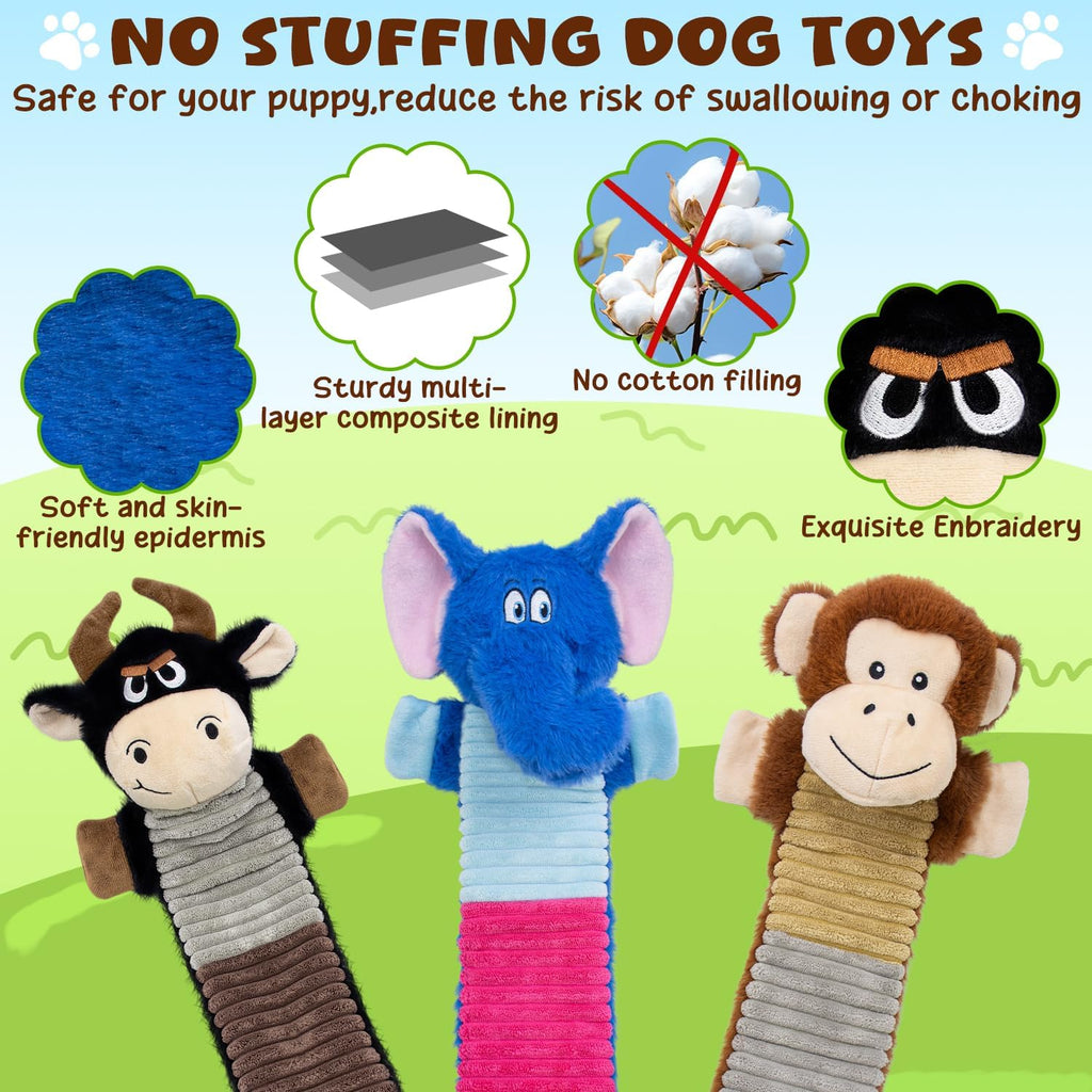 No Stuffing Dog Squeaky 3 Pack Toys, Chew with Crinkle to Large Puppy Durable Plush Pet Teething Toys, Interactive to Keep Pets Busy, Toss, Fetch, Tug of war Play, Best Birthday Holiday Gift